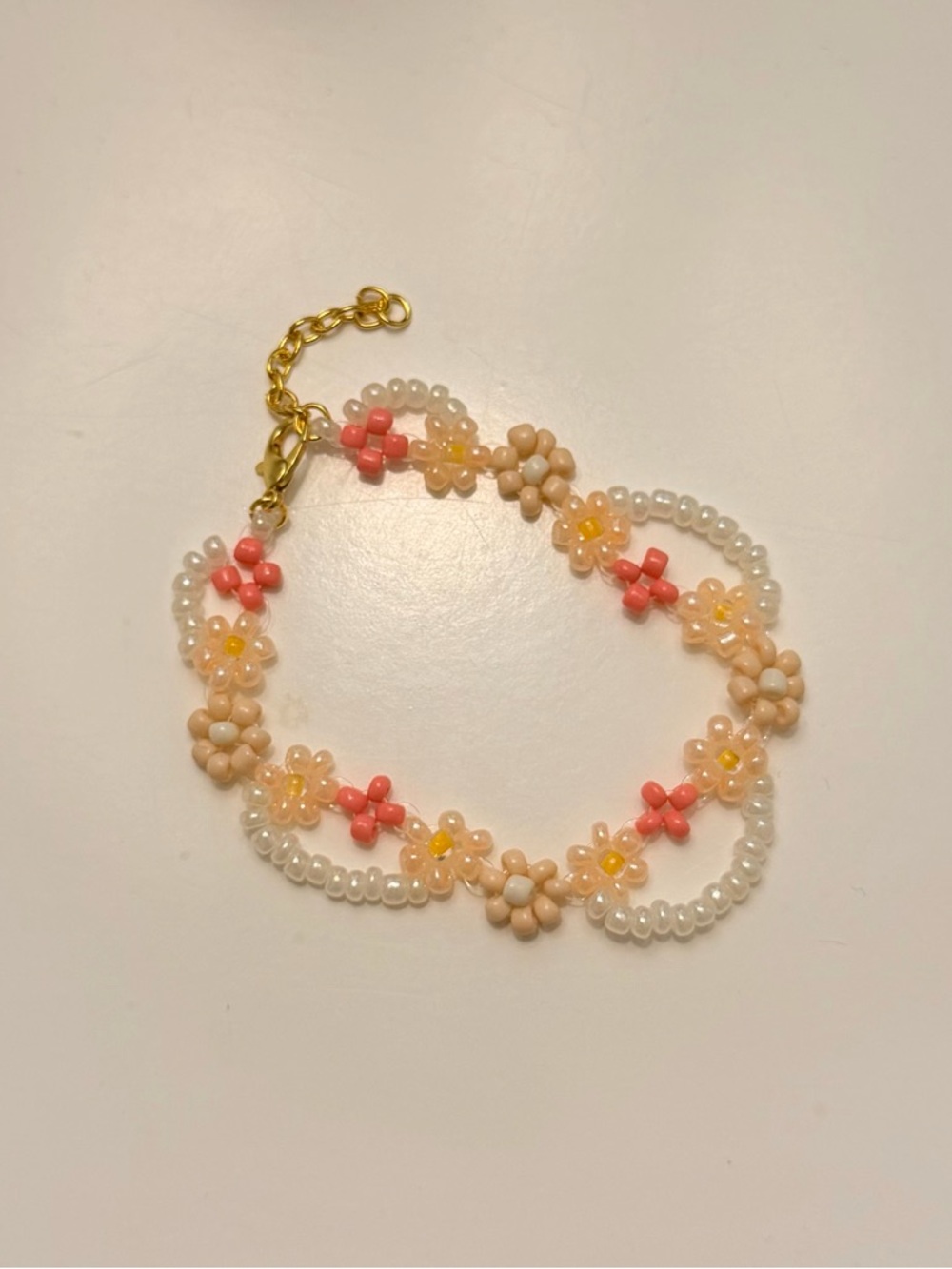 Handmade Peach & Coral Beaded Flower Bracelet